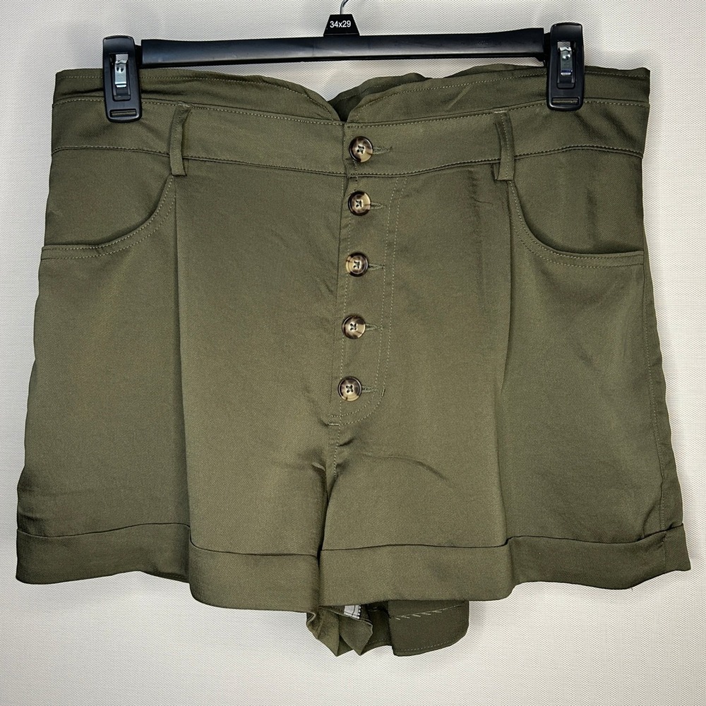 Express Olive Green High Rise Button Front Paperbag Shorts Women Lg Shortie NWT‎
